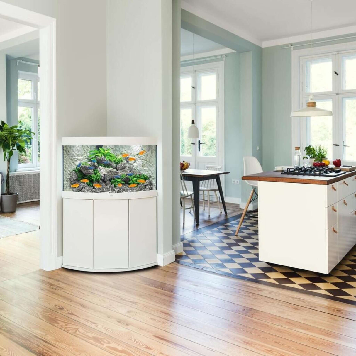 Juwel Trigon Aquarium and Cabinet in a modern kitchen, showcasing vibrant fish and elegant design elements.