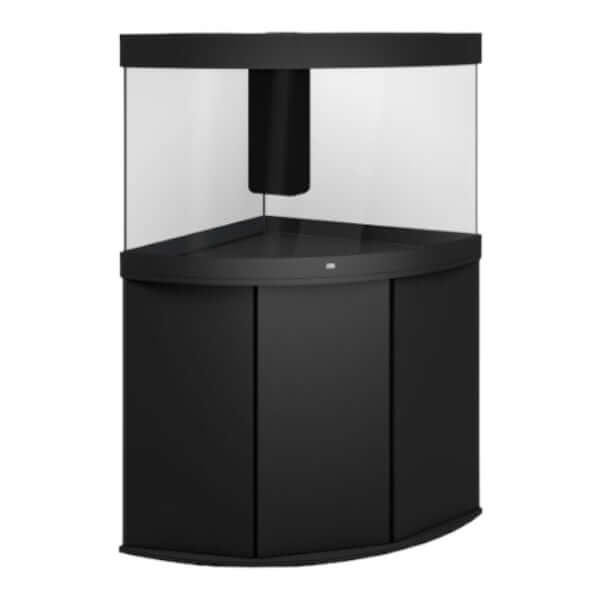 Juwel Trigon Aquarium and Cabinet in black, designed for corner placement, featuring a sleek curved design and safe base frame.
