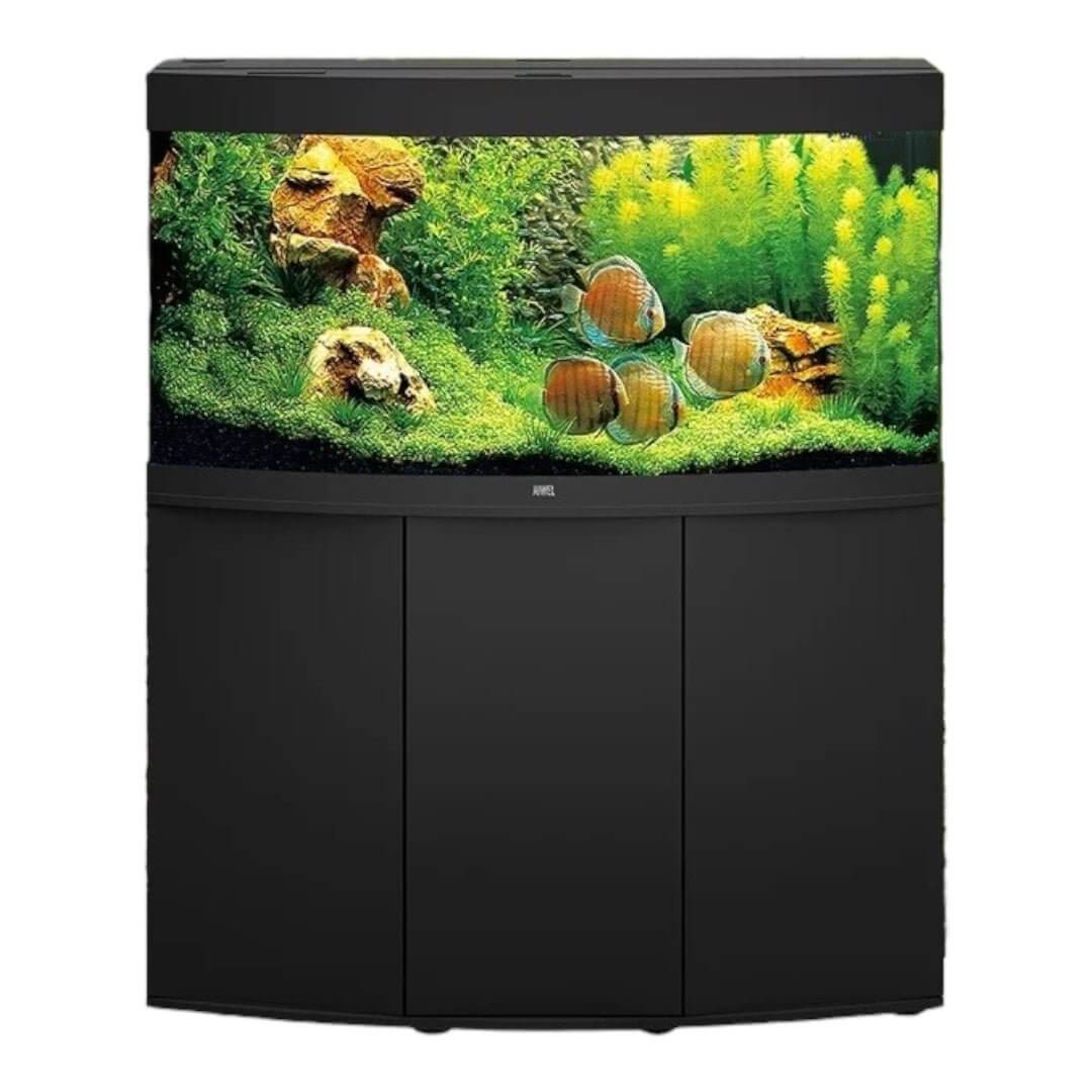 Juwel Vision Aquarium with cabinet, featuring a curved front panel and vibrant aquatic plants for stunning underwater views.