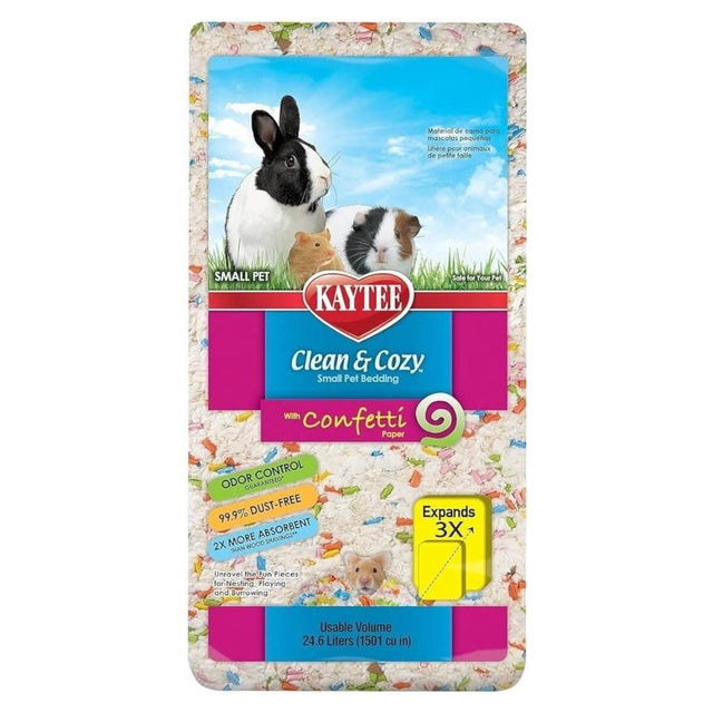 Kaytee Clean & Cozy small pet bedding 24.6L with confetti, absorbent and dust-free bedding for rabbits and small animals.