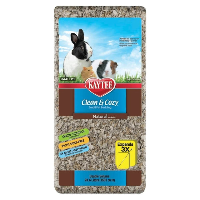 Kaytee Clean & Cozy Pet Beddings 24.6L featuring small pet bedding with odor control and high absorbency.