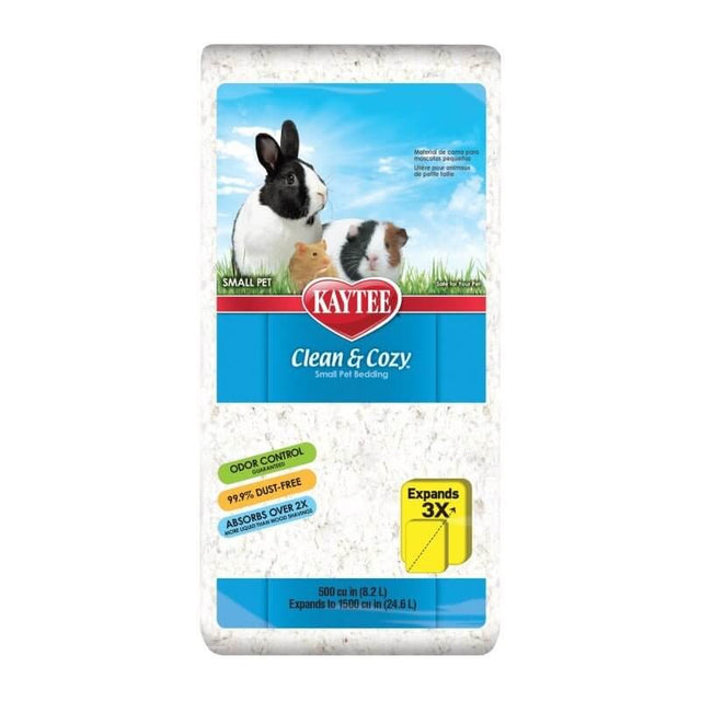 Kaytee Clean & Cozy small pet bedding 500g pack with rabbits and guinea pigs, natural, soft, and highly absorbent.