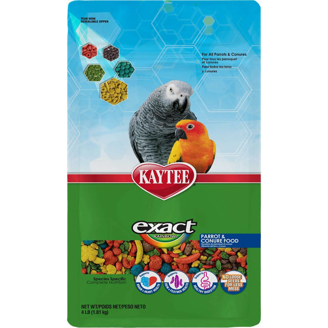 Kaytee Exact Rainbow Parrot and Conure food packaging featuring colorful pellets and two birds for premium nutrition.