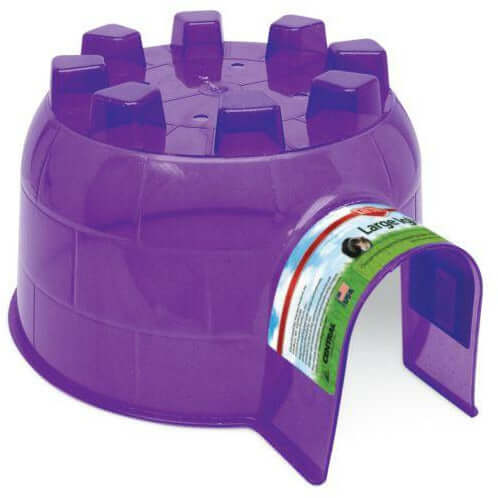 Kaytee Igloo Hideout Castle in purple, durable plastic with ventilation for pet comfort and ease of cleaning.