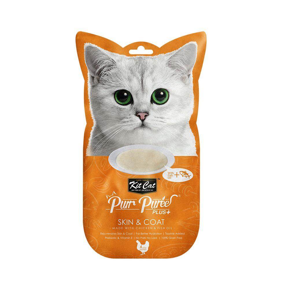 Kit Cat Purr Puree Plus+ Chicken & Fish Oil treat pouch designed for cat skin and coat health. Grain-free, 100% natural ingredients.