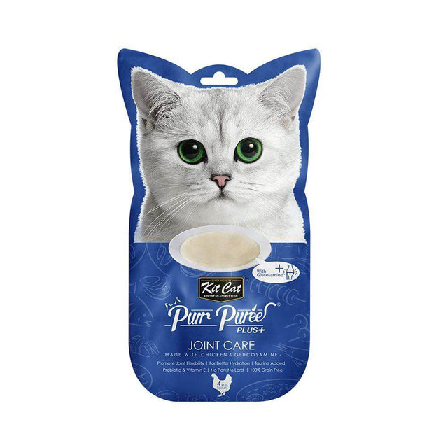 Kit Cat Purr Puree Plus+ Chicken & Glucosamine joint care cat treats packaging with a cat face design.