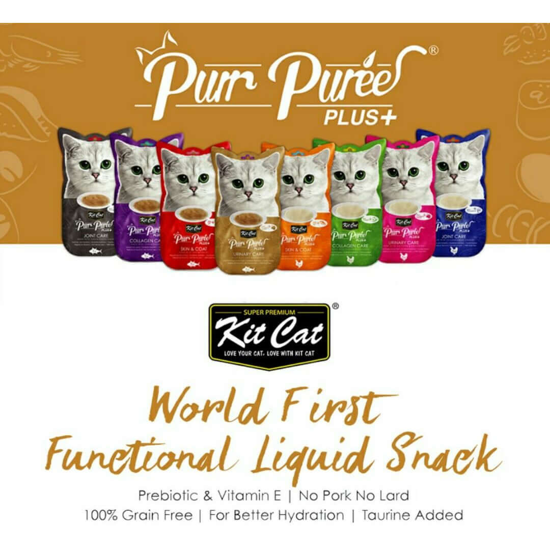 Kit Cat Purr Puree Plus+ functional liquid snacks in various flavors with cat illustrations, promoting hydration and nutrition.