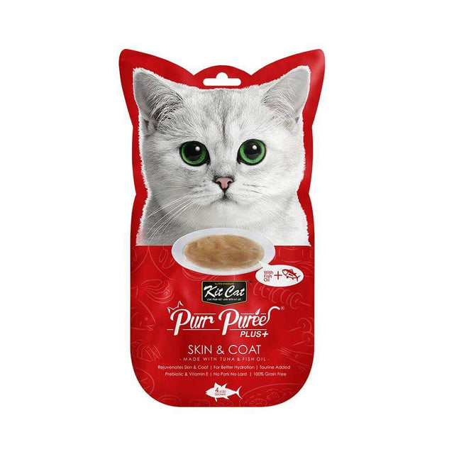 Kit Cat Purr Puree Plus+ Tuna & Fish Oil cat treat packaging, designed for skin and coat health, 4x15g.