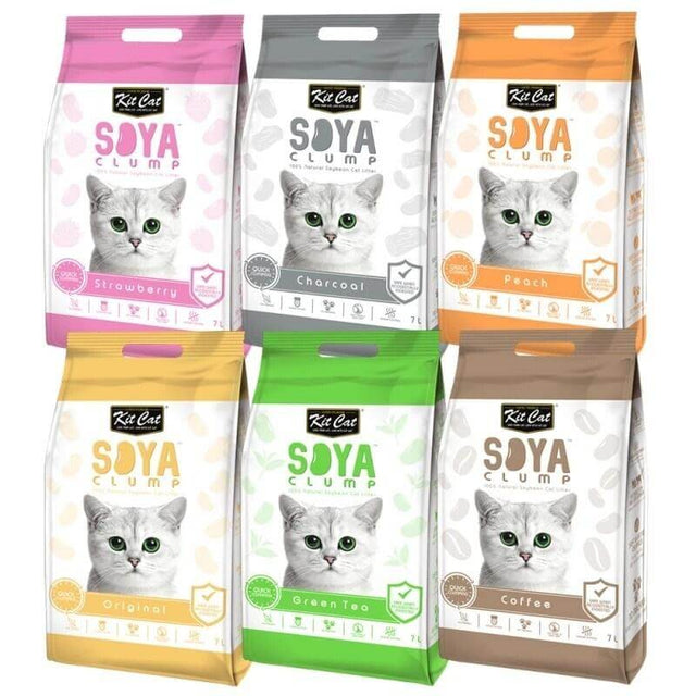 Kit Cat Soya Clumping Cat Litter varieties including Strawberry, Charcoal, Peach, Original, Green Tea, and Coffee in colorful packaging.