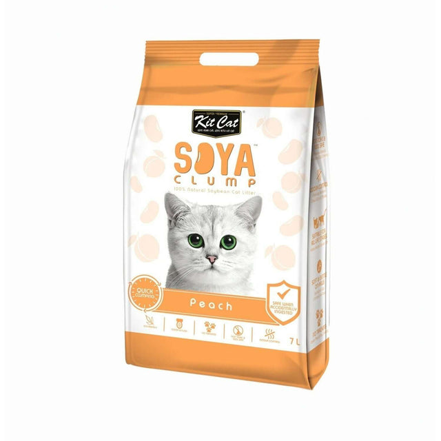 Kit Cat Soya Clumping Cat Litter 7kg packaging with a cat illustration and peach scent, eco-friendly and moisture-absorbing.