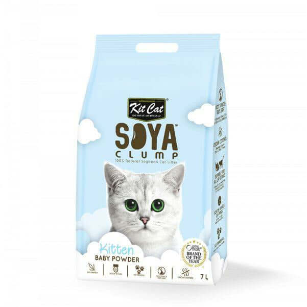 Kit Cat Soya Clumping Cat Litter package featuring a kitten design, eco-friendly, and made from soybean waste, 7L.
