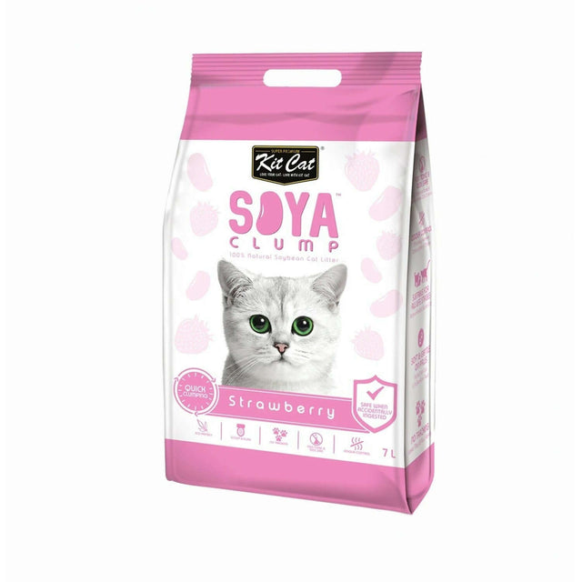 Kit Cat Soya Clumping Cat Litter 7L packaging, featuring a white cat and strawberry scent, eco-friendly and clumping formula.