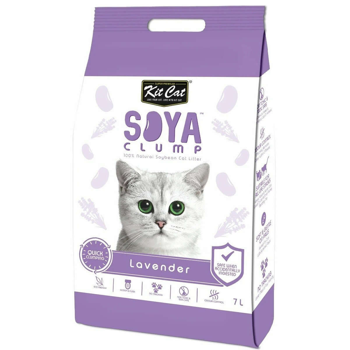 Kit Cat Soya Clumping Cat Litter with Lavender scent, eco-friendly, made from soybean, 7L packaging, cat-friendly design.