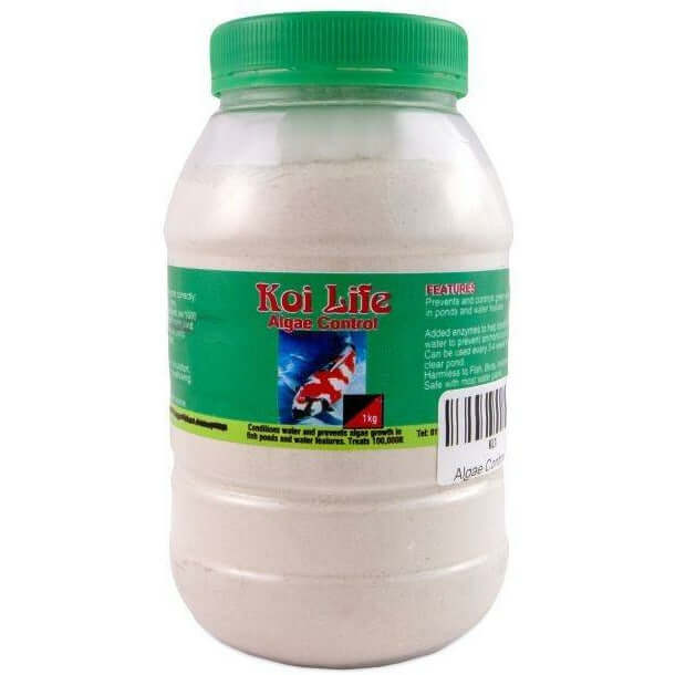 Koi Life Algae Control 1kg container for pond algae treatment, effective for 100,000 litres, easy to use.