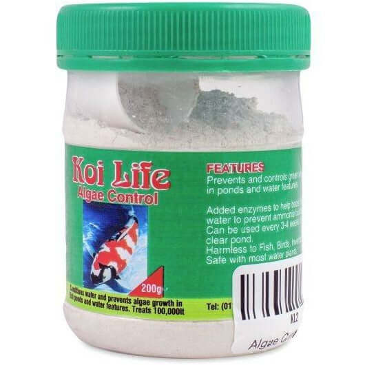 Koi Life Algae Control 200g container for treating algae in outdoor ponds and water features, safe for fish and birds.