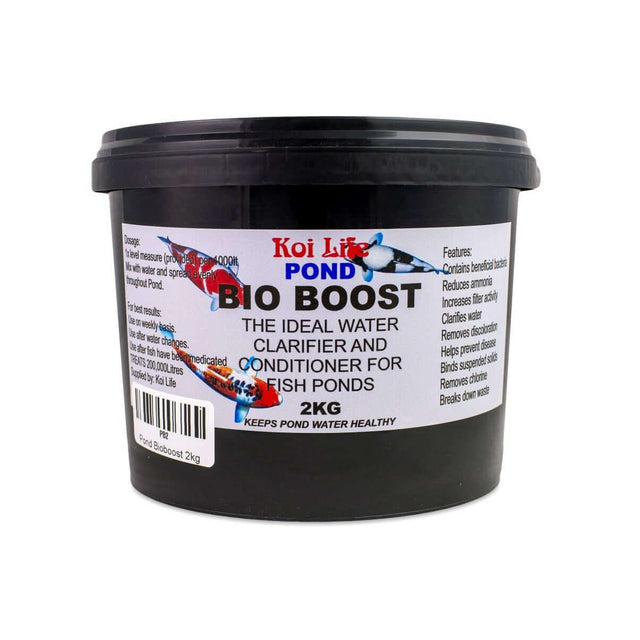 Koi Life Bio Boost 2kg tub, water clarifier and conditioner for healthy fish ponds, contains beneficial bacteria.
