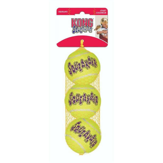 Kong Airdog SqueakAir Tennis Balls in a packaging with three yellow balls, designed for safe and fun dog playtime.