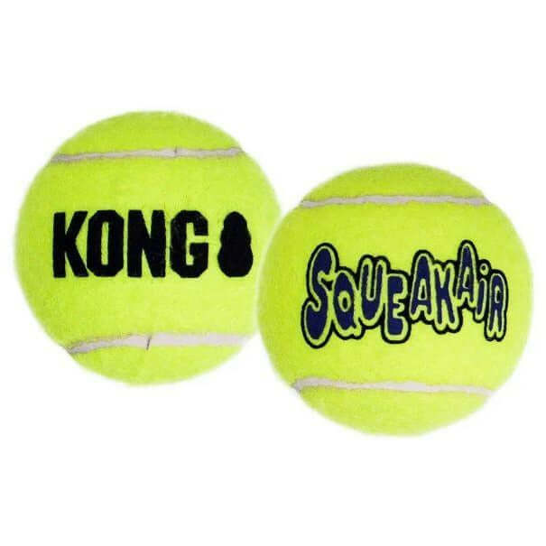 Kong Airdog SqueakAir Tennis Balls featuring bright yellow design, safe for dogs to chew and enjoy while playing fetch.