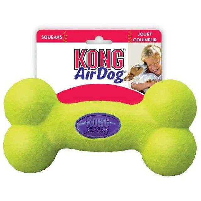 KONG AirDog Squeaker Bone in bright green for dogs, combines tennis ball and squeaker for fun fetch playtime.