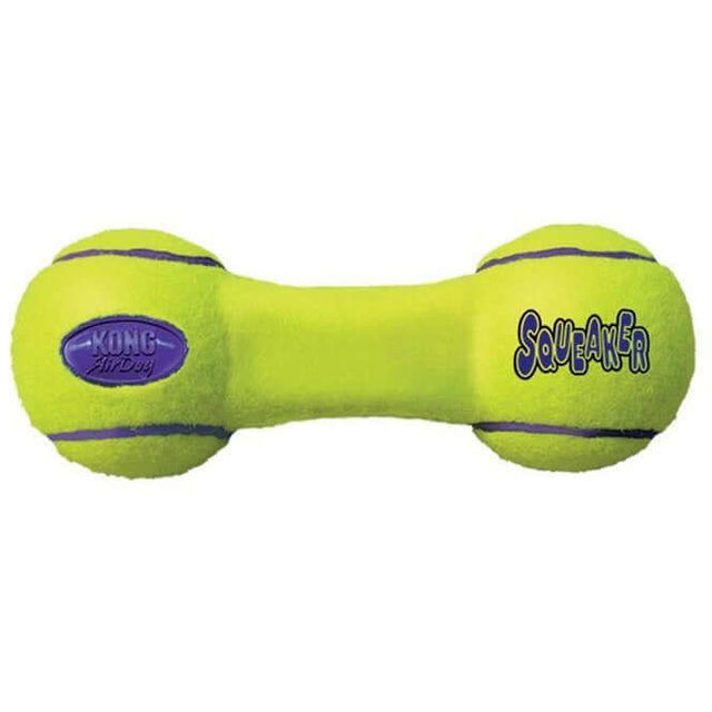 Kong Airdog Squeaker Dumbbell in bright yellow, perfect for fetching, squeaking, and floating during playtime.