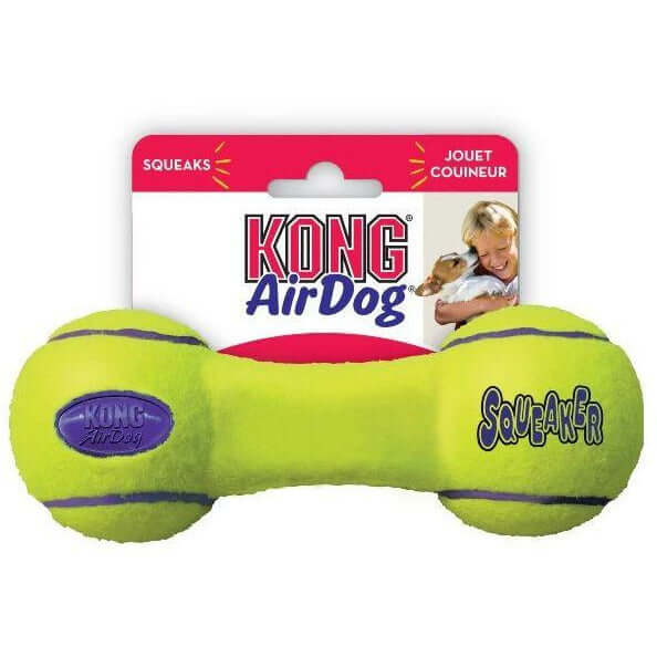 Kong Airdog Squeaker Dumbbell toy for dogs, bright green with squeaker, perfect for fetch and playtime activities.
