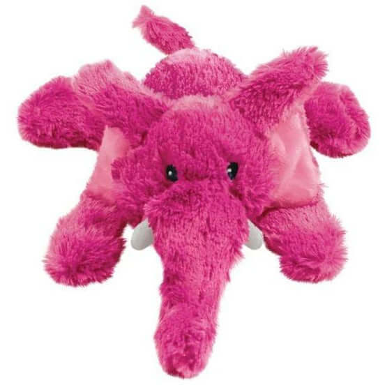 Plush pink elephant dog toy, soft and cuddly, perfect for fetch and comfort for pets. KONG Cozies Elmer Elephant.