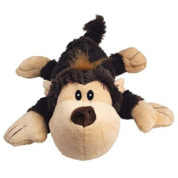 Plush toy of a funky monkey, soft and cuddly, designed for dogs to fetch and play comfortably. KONG Cozie Dog Toy.