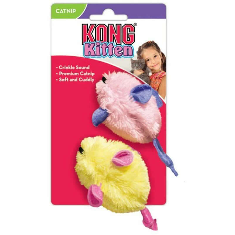 Kong Kitten Mice plush toy in pink and yellow, featuring crinkle sound and premium catnip for playful kittens.