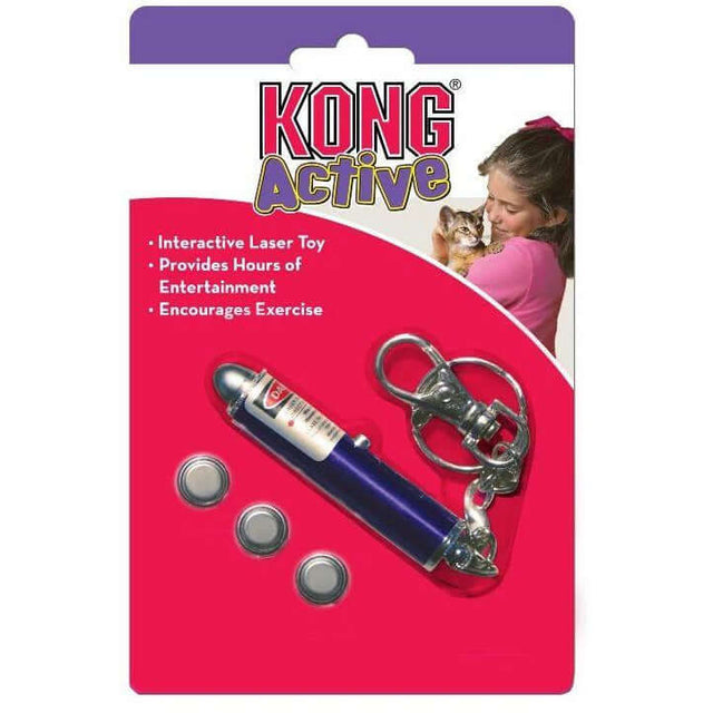 KONG Laser Cat Toy packaging featuring interactive laser device and batteries, promoting exercise and entertainment for cats.