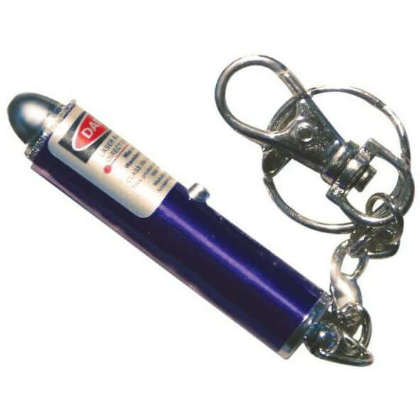 Purple laser pointer keychain toy for interactive pet play and entertainment. Ideal for engaging cats in fun activities.