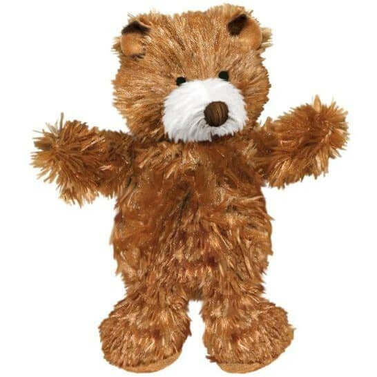 Kong Plush Brown Teddy Bear with squeaker, soft fur, and replaceable squeaker for dogs, 10cm x 6cm x 3cm.