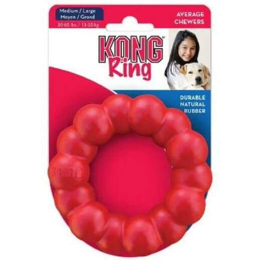 KONG Red Ring Dog Chew Toy packaging showing durable natural rubber design for average chewers.