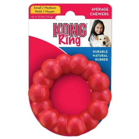 KONG Red Ring Dog Chew Toy in packaging, made from durable natural rubber for average chewers, available in small and large sizes.