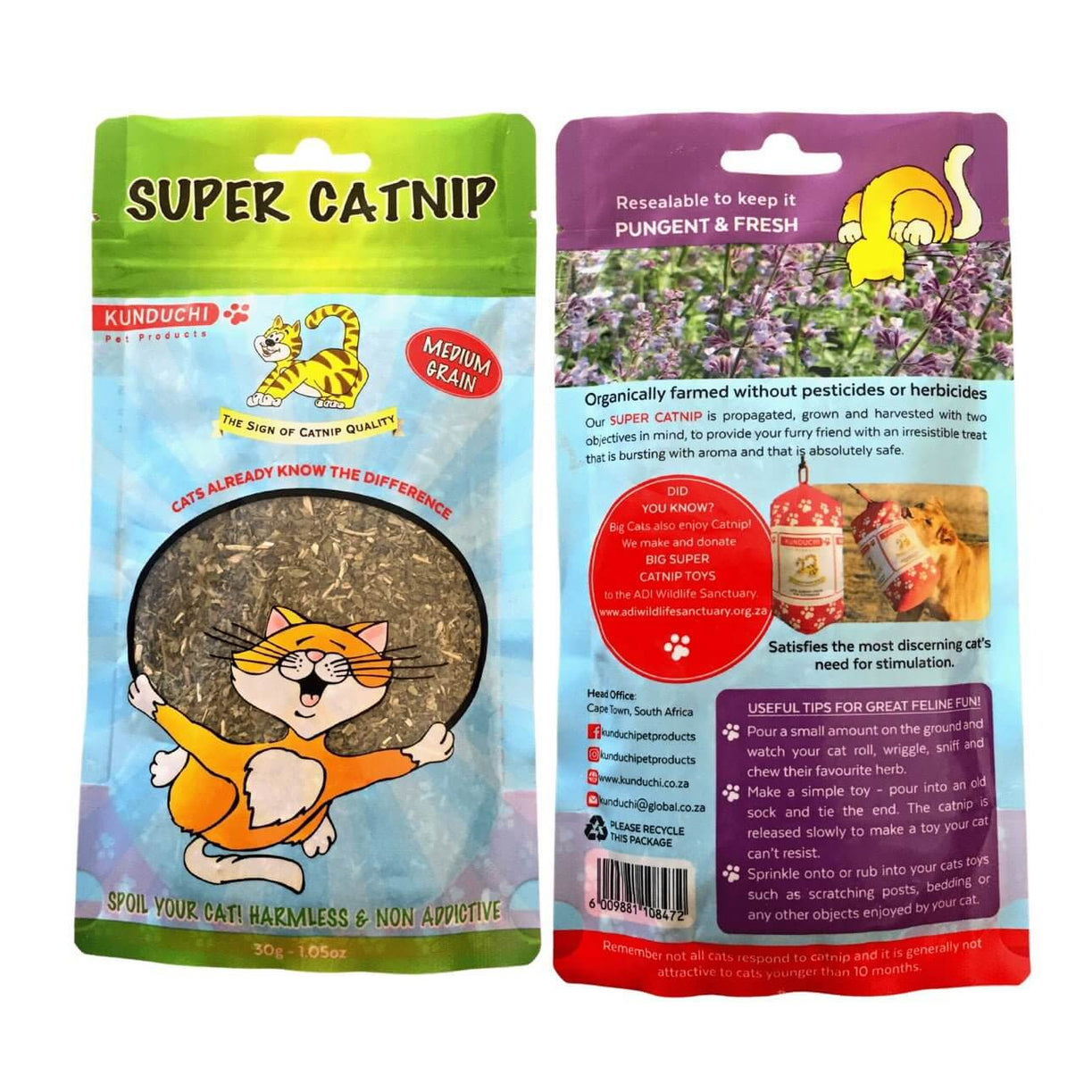 Kunduchi Super Catnip package featuring cartoon cat, details on freshness and organic farming, 90g product size.