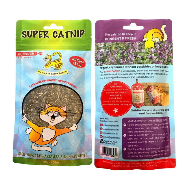 Kunduchi Super Catnip package featuring cartoon cat, details on freshness and organic farming, 90g product size.