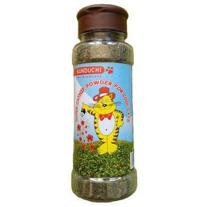 Kunduchi Super Catnip Shaker 40g in a transparent container, with playful cat design, ideal for feline entertainment.