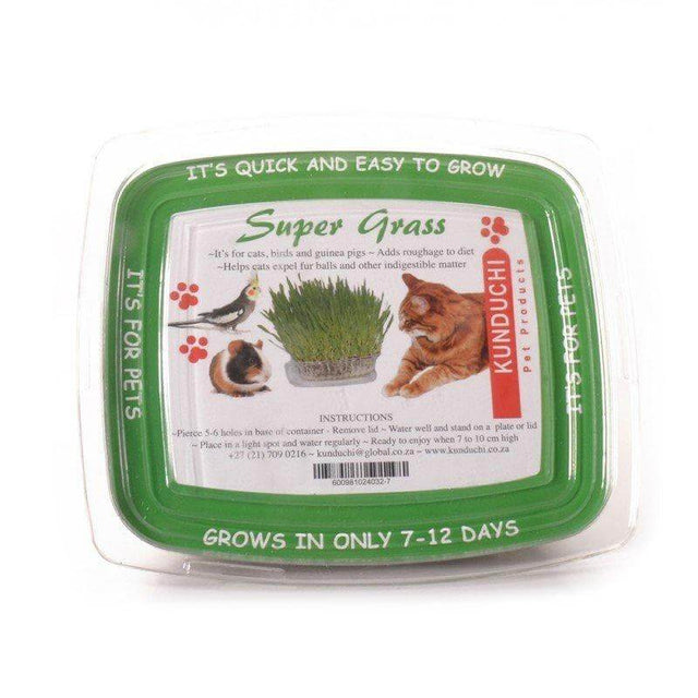 Kunduchi Super Grass packaging for pets, featuring instructions and benefits for indoor cats and small animals. Grows in 7-12 days.