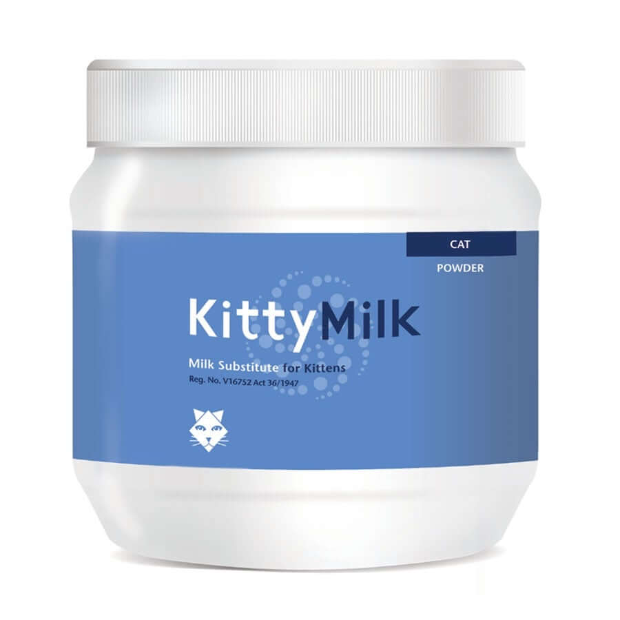 KittyMilk milk substitute for kittens in a 250g container, providing essential nutrition for orphaned and nursing cats.
