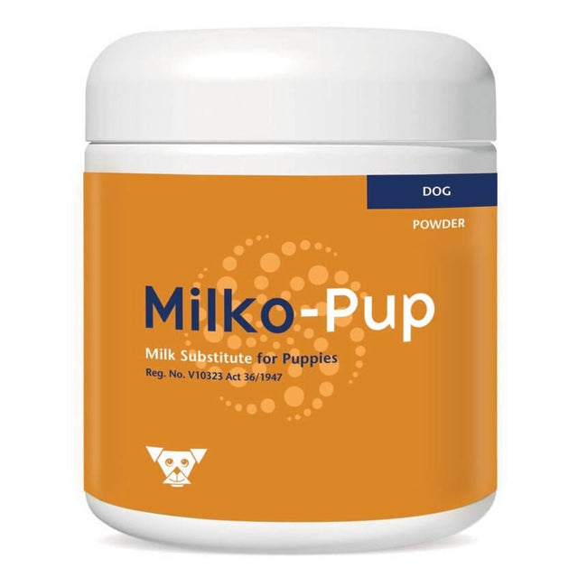 Milko-Pup milk substitute powder for puppies in a 250g container, essential nutrition for growing pups.