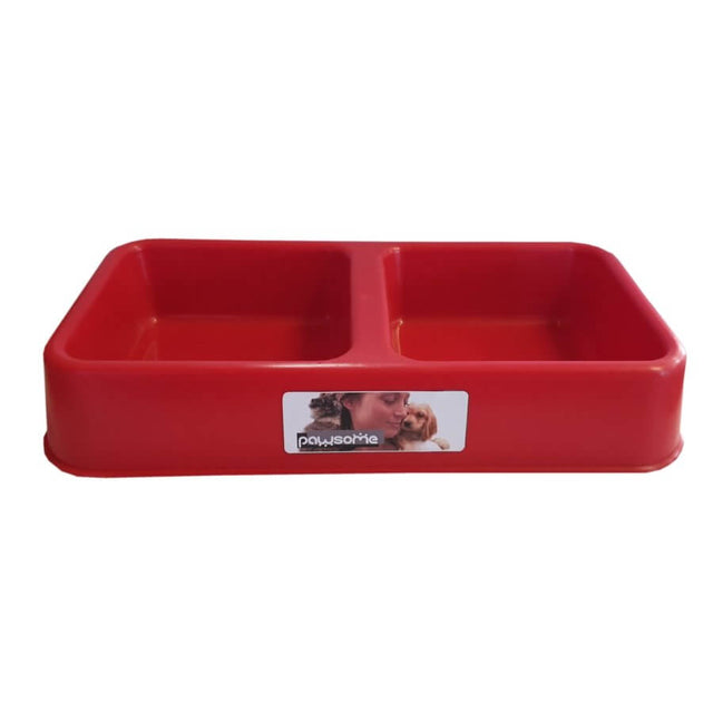 Large red double diner pet bowl with two spacious compartments for food and water, ideal for multiple pets.