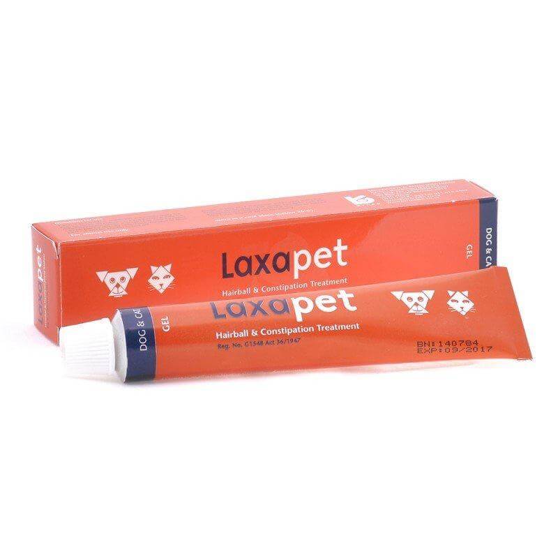 Laxapet 50g laxative gel for dogs and cats, effective hairball and constipation treatment in a vibrant red tube and box.