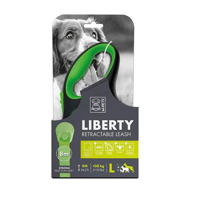 M-Pets Liberty retractable dog leash packaging with green handle and strong traction tape, suitable for dogs under 50 kg.
