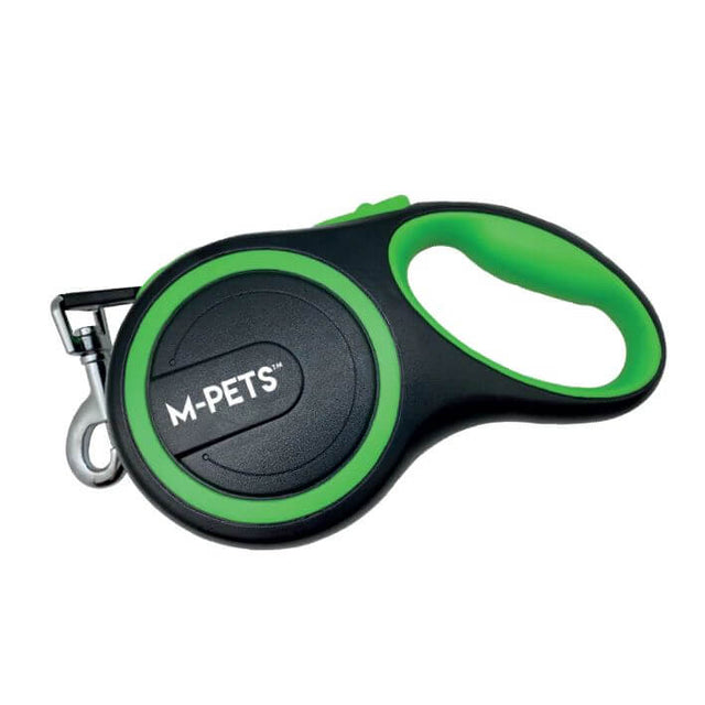 M-Pets Liberty Dog Retractable Leash with green soft grip handle and attached clip for easy pet walking.
