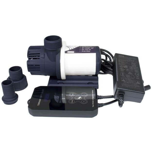 Mantis Tornado DC pump with accessories and power supply, showcasing compact design for efficient water flow.