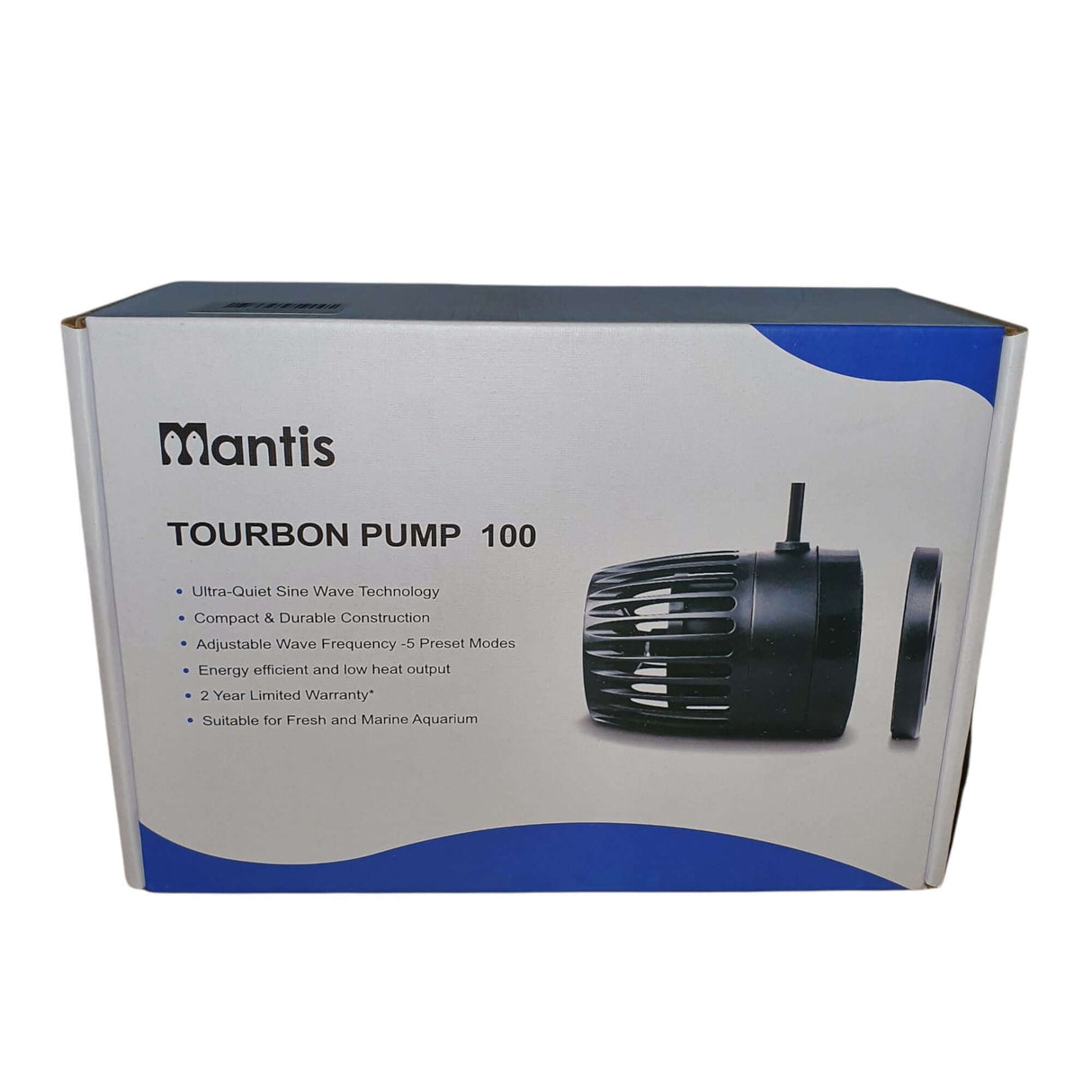 Mantis Tourbon Wave Maker Pump 100 box featuring ultra-quiet sine wave tech, adjustable wave frequency, and marine aquarium suitability.
