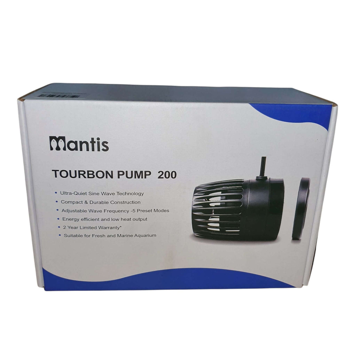 Mantis Tourbon Wave Maker Pump packaging showcasing ultra-quiet technology, adjustable wave frequency, and suitability for aquariums.