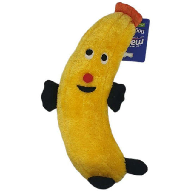 Marltons banana plush dog toy with squeaker, featuring a happy face and cute arms, perfect for playful pups.