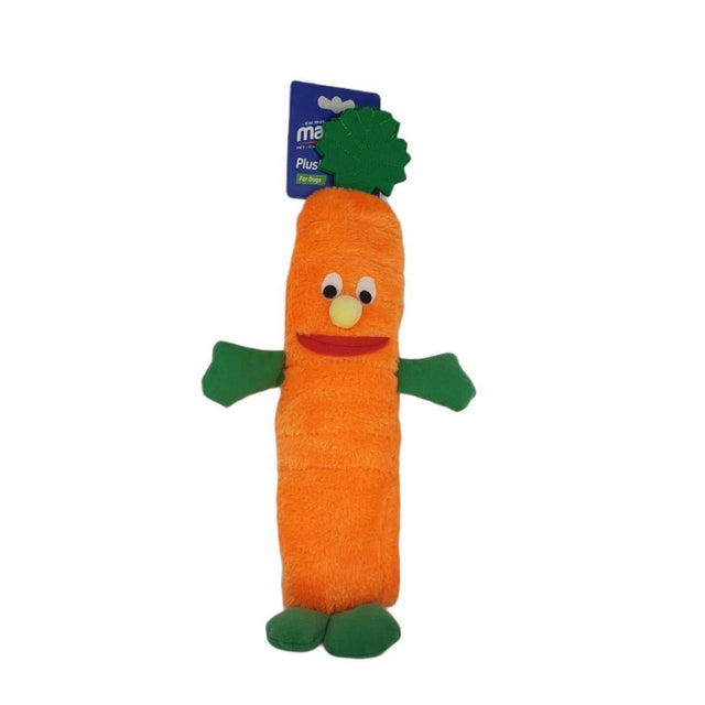 Marltons Carrot Plush Dog Toy with Squeaker, 30cm, bright orange, durable, and soft for dogs to cuddle and chew.