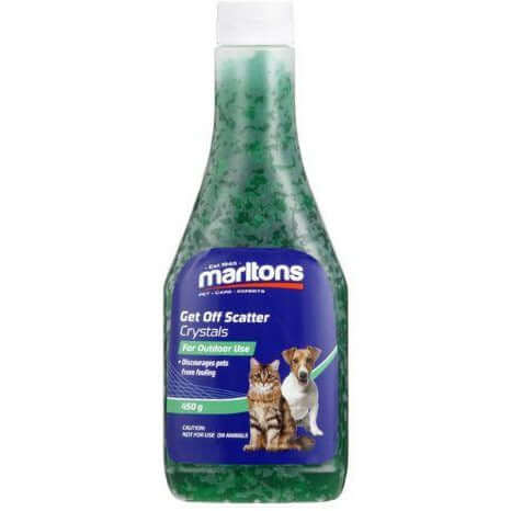 Marltons Get Off My Garden Scatter Crystals 450g bottle, designed to deter pets from fouling outdoor areas.