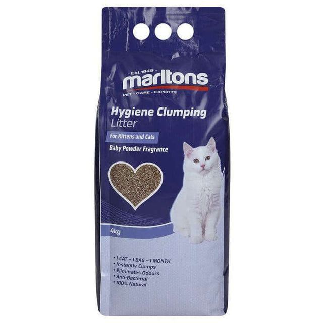 Marltons Hygiene Cat Litter Baby Powder 4kg bag with anti-bacterial, fast clumping, and biodegradable features for odor control.